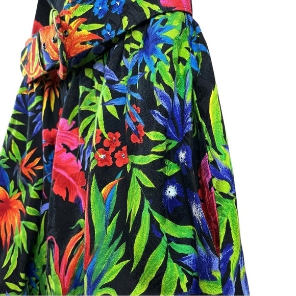 Vtg AJ Bari Tropical Leaf Belted Strapless Cocktail Dress Black Green Size 8 - Picture 4 of 8